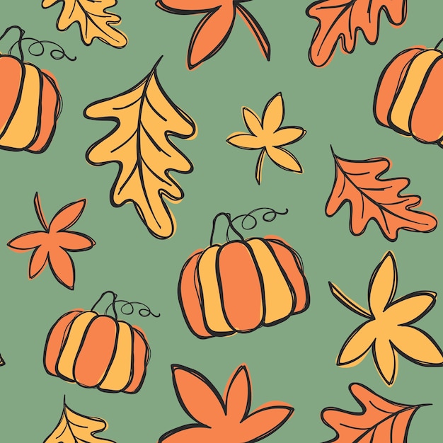 Autumn leaves and pumpkins doodles, vector seamless pattern