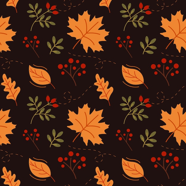 Autumn leaves and red berries on a dark background Seamless pattern