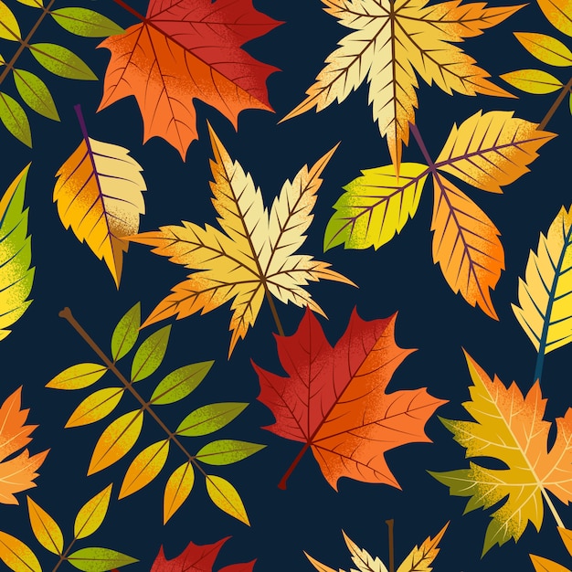 Autumn leaves seamless pattern on dark.