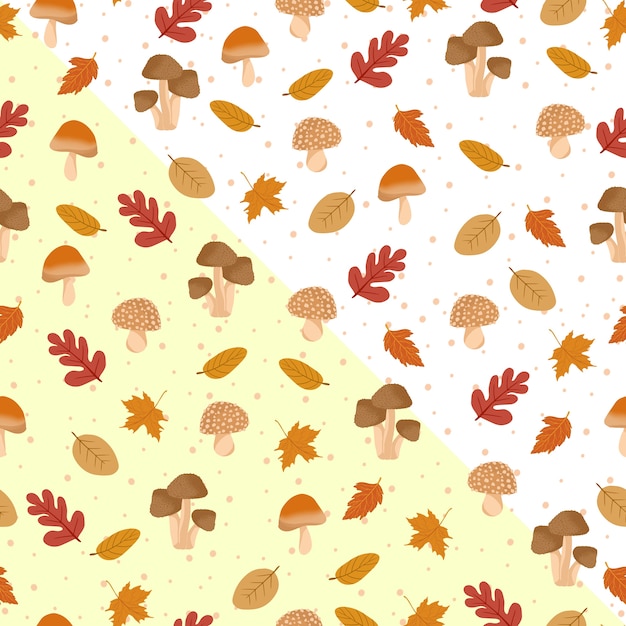 Autumn Leaves Seamless Pattern with Mushroom