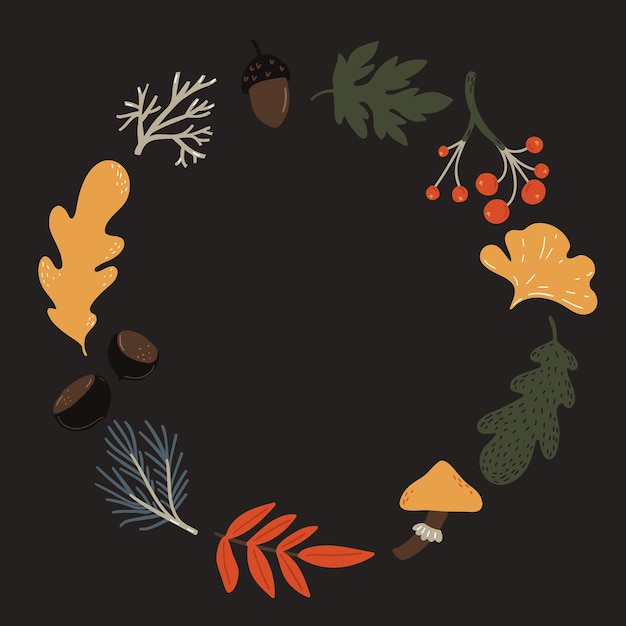 Autumn leaves wreath. Fall orange and brown leaf, acorns, mushroom and berry frame.