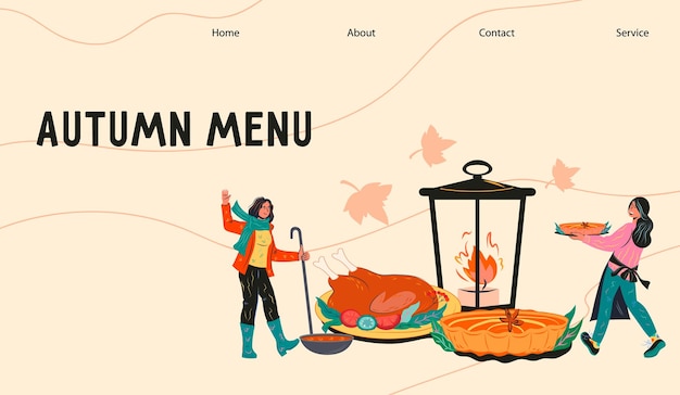 Autumn menu web banner with cooks preparing dishes flat vector illustration