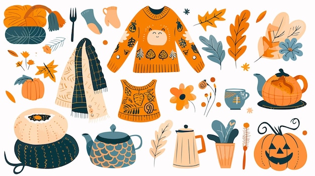 Vector autumn mood elements fall cartoon hygge cozy sweater