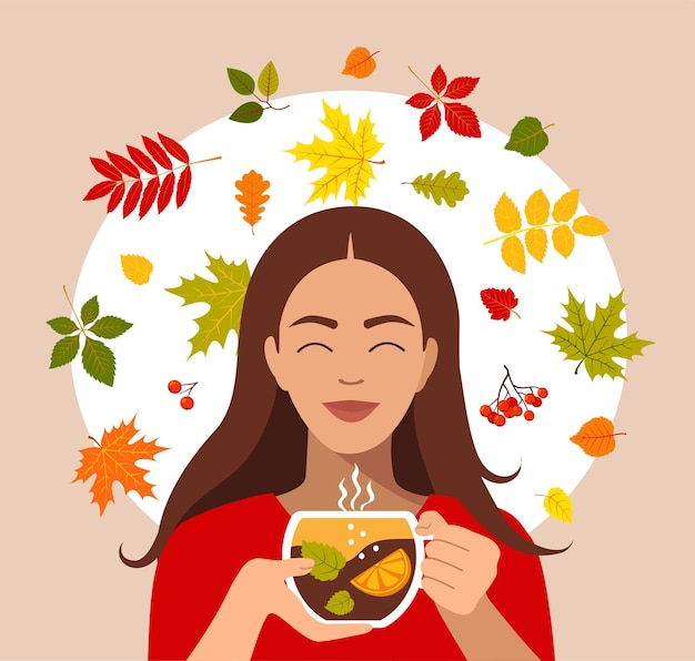 Autumn mood illustration. Hello autumn, beautiful girl with autumn leaves and cup of  hot tea.