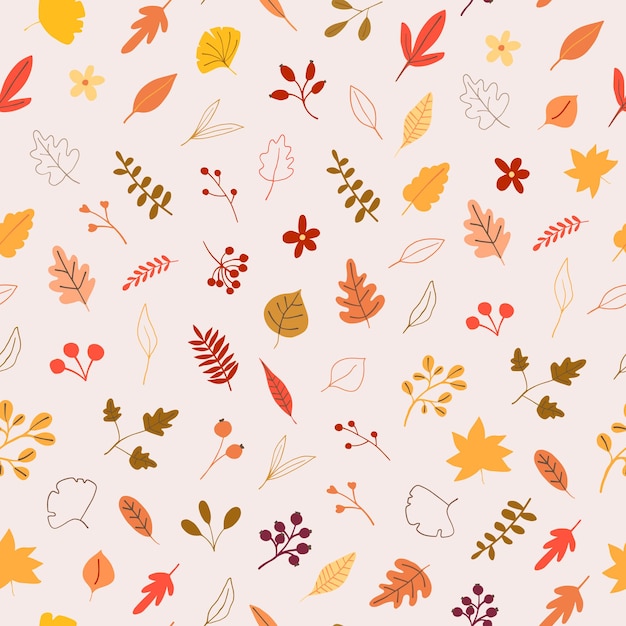 Autumn mood seamless pattern with yellow, orange leaves, berries.