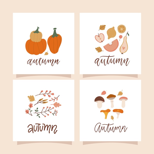 Autumn mood square cards with autumn natural compositions of leaves mushrooms twigs berries and pump...