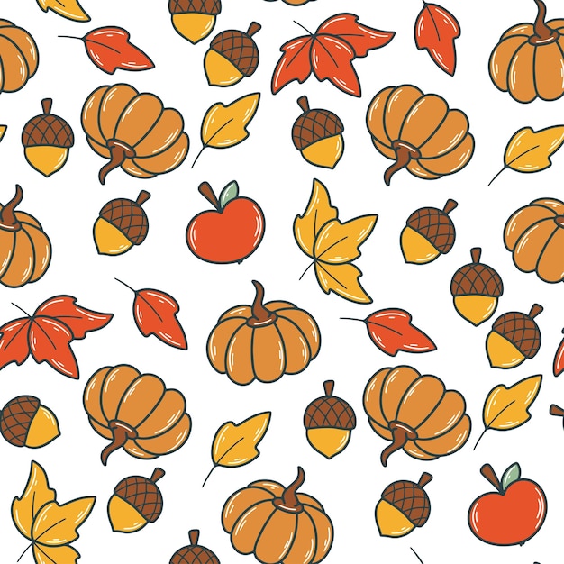 Autumn natural seamless pattern Background with maple leaves acorns apples and pumpkins