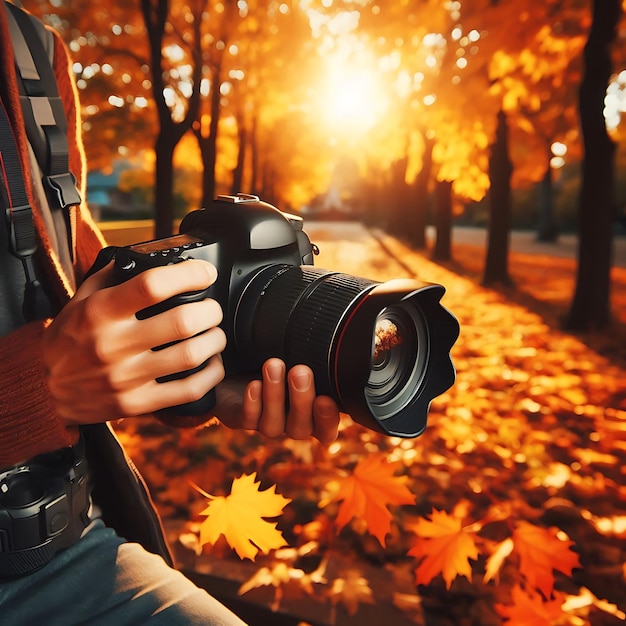 Vector autumn park a nice sunny day beautiful young woman with vintage camera makes pictures