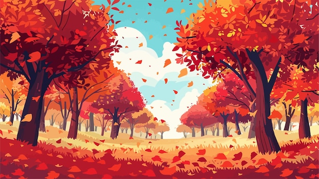 Vector autumn park with trees featuring red leaves vector illustration