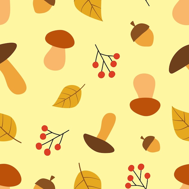 Vector autumn pattern on a beige background vector background with leaves mushrooms and berries perfect for fabric wallpaper notebooks wrapping paper scrapbooking