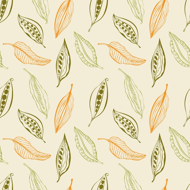 Autumn pattern leaf seeds pods  doodle hand drawn green and orange color.