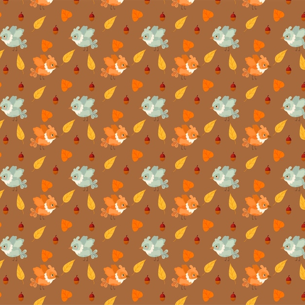 Autumn pattern pumpkins leaves birds