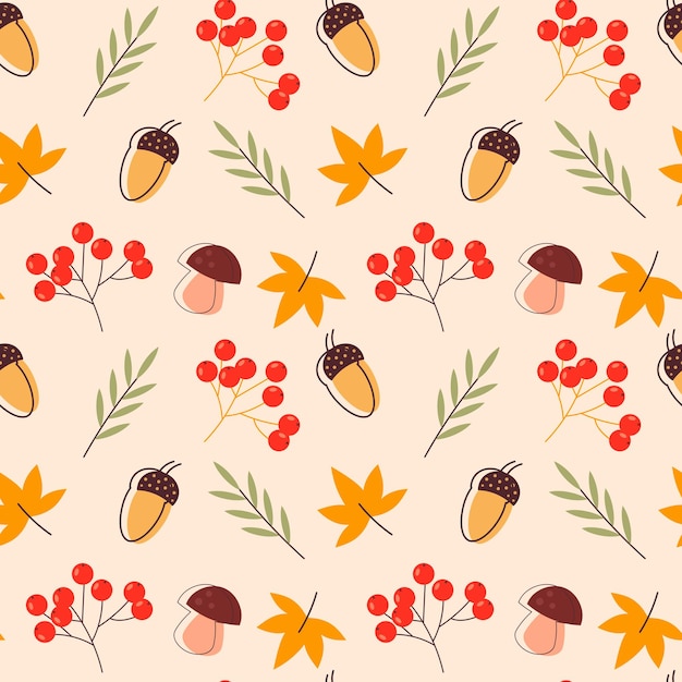 Autumn pattern, seamless, with branches of viburnum, maple leaves, mushrooms, acorns