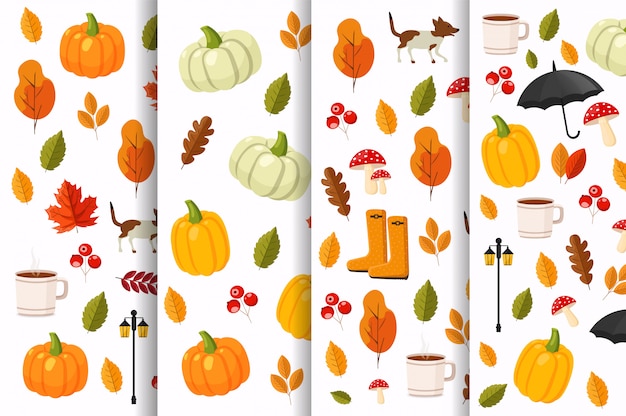 autumn pattern set, flat autumn elements, colored leaves, pumpkin, tea cup, autumn boots, umbrella, dog, mushrooms and street lamp