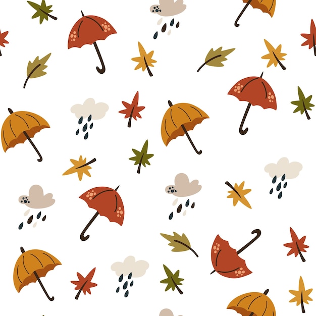 Autumn pattern with clouds umbrellas and rain drops Creative background for fabric textile