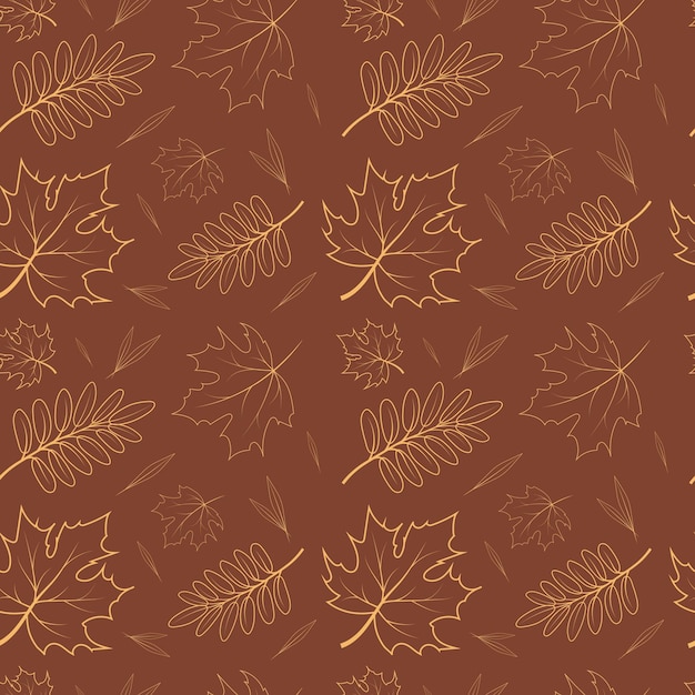 Autumn pattern with contoured leaves on brown background