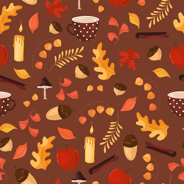 Autumn pattern with leaves, flowers, acorns in flat style