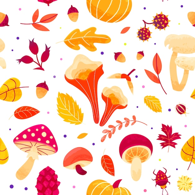 Autumn pattern with leaves, mushrooms, twigs, beetles and seeds. Fall season seamless  design.