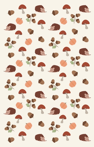 Autumn pattern with pumpkin, hedgehog, mushrooms and acorn. Vector illustration.