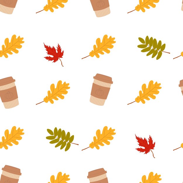 Autumn pattern with pumpkin latte and autumn leaves Autumn pattern for autumn design