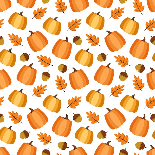 Autumn pattern with pumpkins leaves and acorns on white background