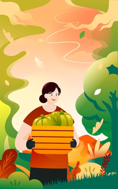 Autumn people exercise and walk outdoors with trees and grass in the background, vector illustration