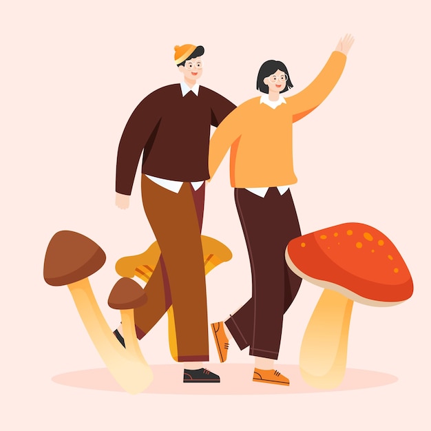 Autumn people exercise and walk outdoors with trees and grass in the background, vector illustration