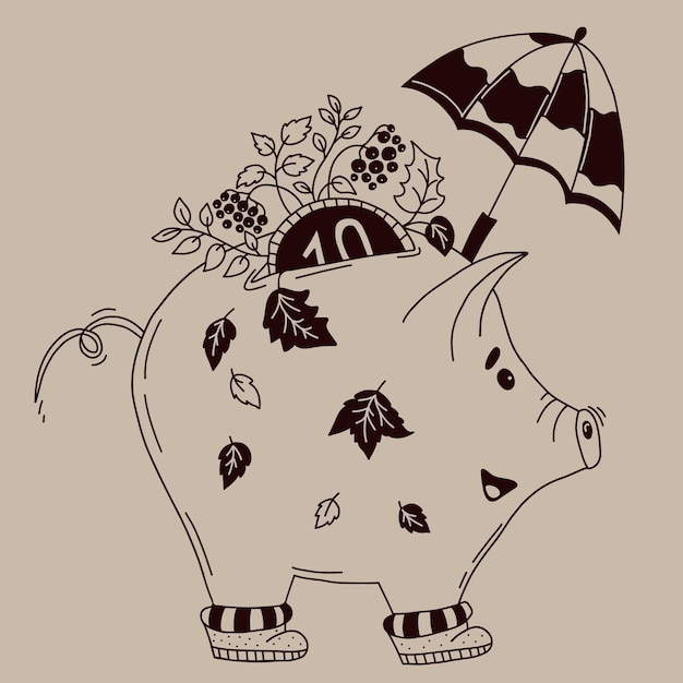 autumn pig piggy bank Hand doodle Pigpiggy bank with coin under an umbrella Outline linear sketch