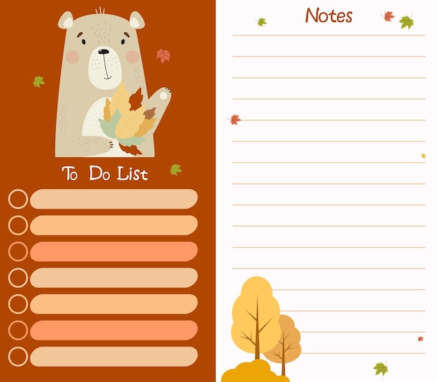 Autumn planner organizer with bear and autumn leaves Todo list Note paper Time management planner