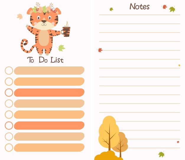 Autumn planner organizer with cute tiger with autumn leaves  Todo list and notes  Note paper