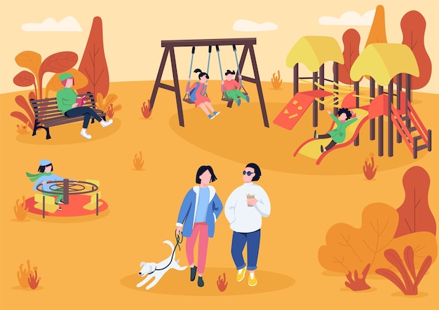 Autumn playpark with visitors flat color illustration