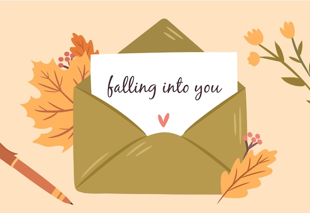 Autumn post with leaves composition Love letter in envelope decorated with Fall season elements