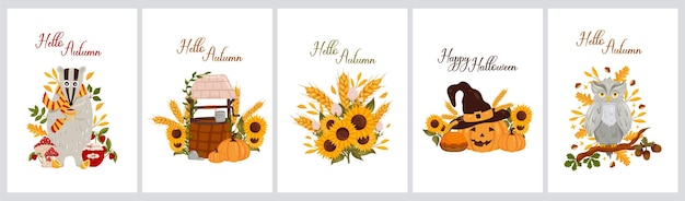 Autumn postcards set with badger well sunflowers pumpkin and owl