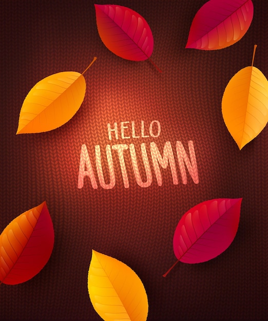 Autumn Poster or banner template with colorful Autumn leaves on knitted sweater background