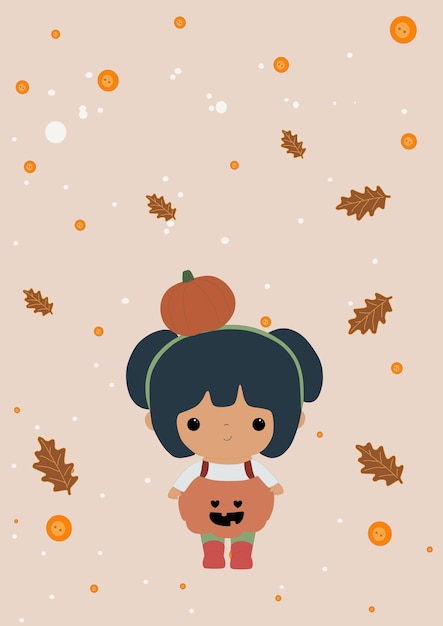 Autumn poster,for Halloween.A girl in a pumpkin costume.A pumpkin-shaped hat.Autumn leaves on back