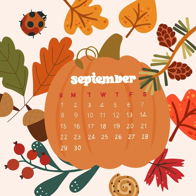 Vector autumn pumpkin and seasonal plants cozy september 2024 calendar handwritten inscription