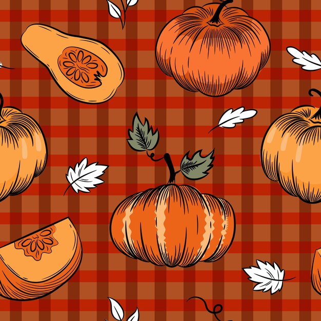 Vector autumn pumpkin sketch seamless pattern brown checkered background