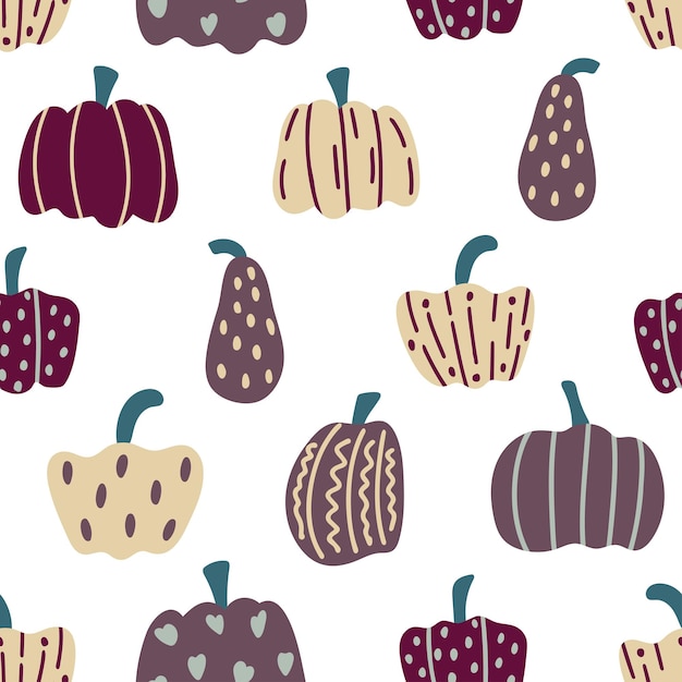 Autumn pumpkins hand drawn seamless pattern background with autumn decorated vegetables