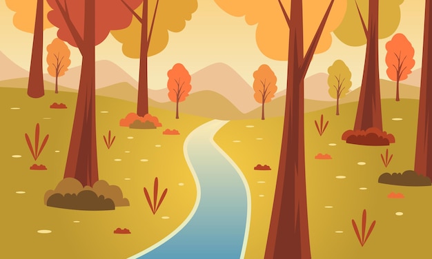 Autumn river in the woods panoramic illustration vector background . Falling leaves with orange sky