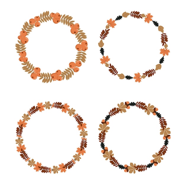 Autumn round frames with leaves berries and acorns set