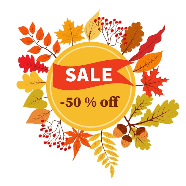 Autumn sale 50 percent discount vector banner with foliage