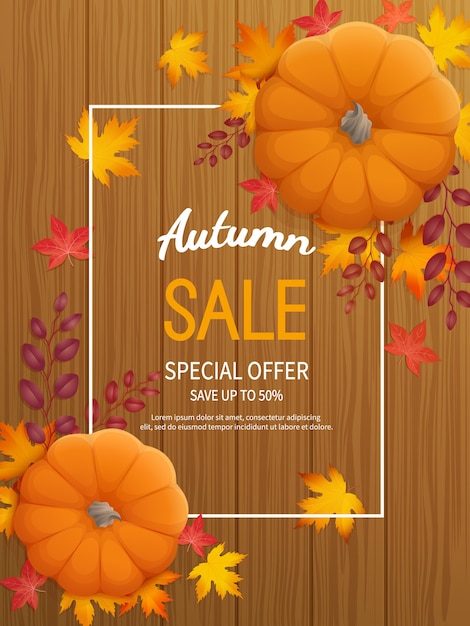 Autumn sale background. Vertical banner flyer with pumpkin, leaves on a wooden table Special offer