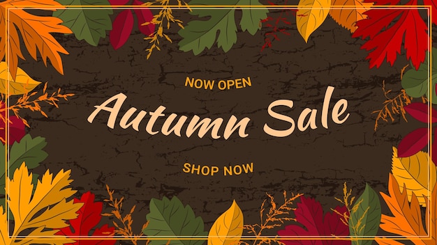 Autumn sale background with leaves grass on dark brown bark wood texture