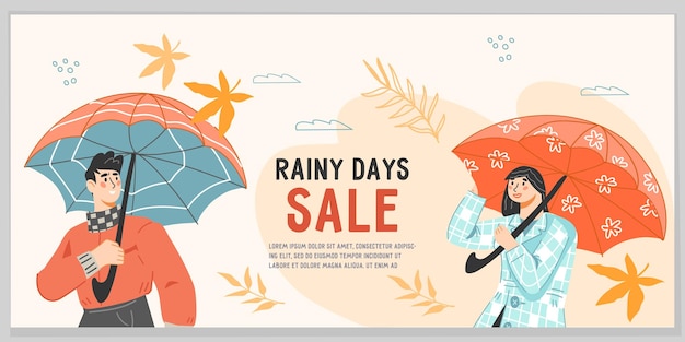 Autumn sale banner design with people under umbrella flat vector illustration