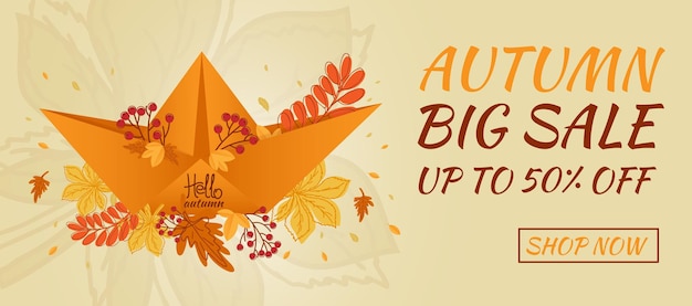 Autumn sale banner Hello autumn Paper boat with autumn leaves