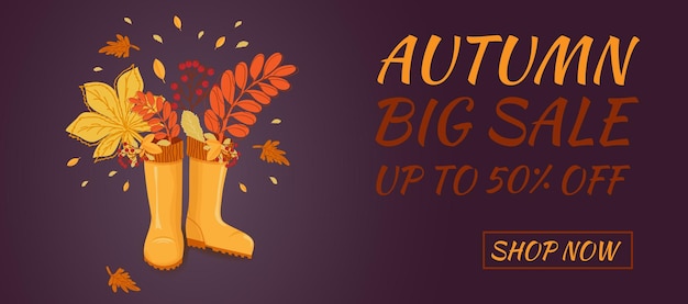 Autumn sale banner Hello autumn Rubber boots with autumn leaves