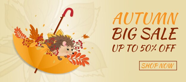 Autumn sale banner. Hello autumn. Umbrella with autumn leaves and hedgehog (urchin)