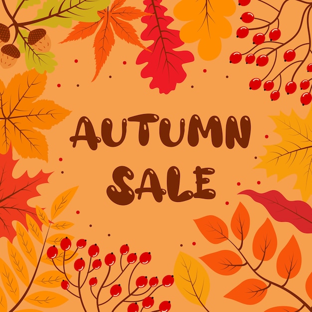 Autumn sale banner with colourful leaves acorns rowan