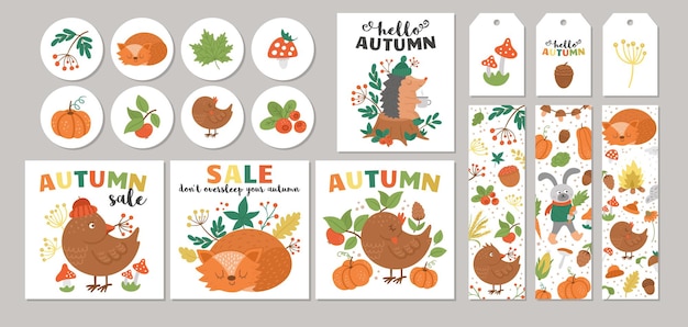 Autumn sale card designs with bird fox pumpkins mushrooms fall templates