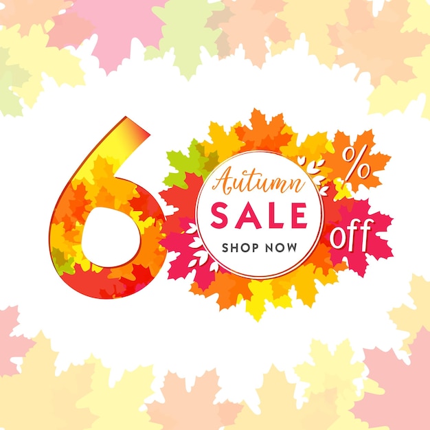 Autumn sale creative number. Up to 60 percent off business marketing banner. Seasonal ad poster.